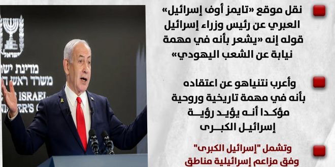 نتن ياهو: أنا في مهمة تاريخية وروحية لإنشاء إسرائيل الكبرى التي تشمل ...